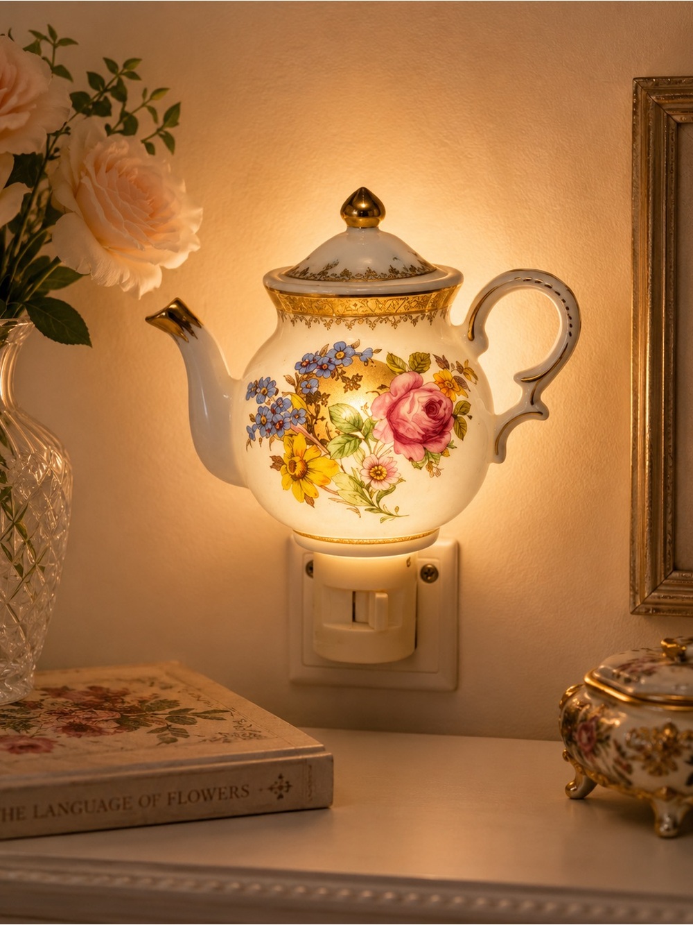 vintage Sorelle porcelain floral teapot night light with an on/off switch